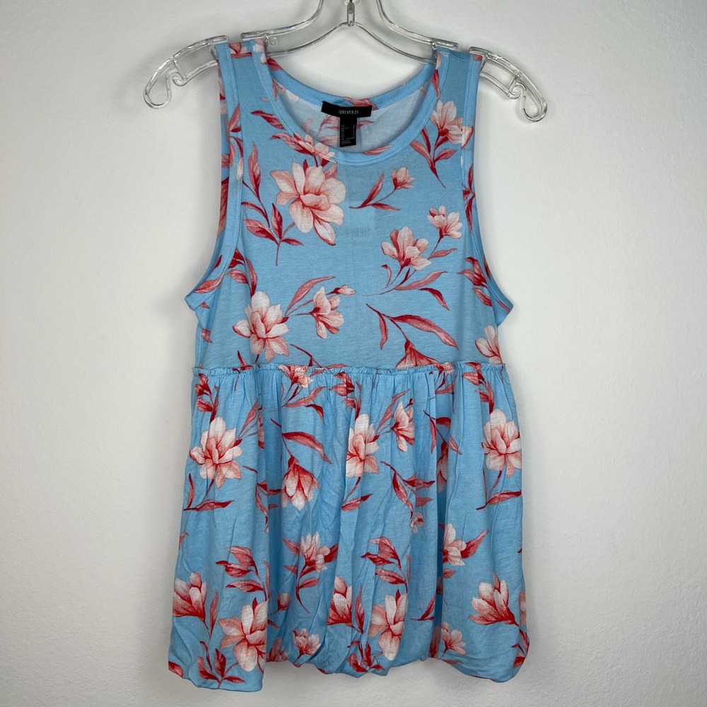 Forever 21 Tank Top Small NWT Blue Pink Floral Babydoll Bubble Empire Waist Knit